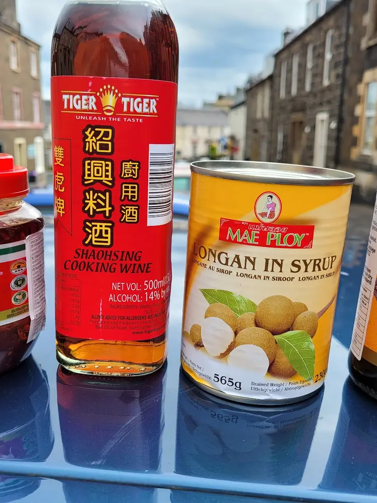Chilli bean paste, Shaohsing cooking wine, tinned longan and aromatic vinegar